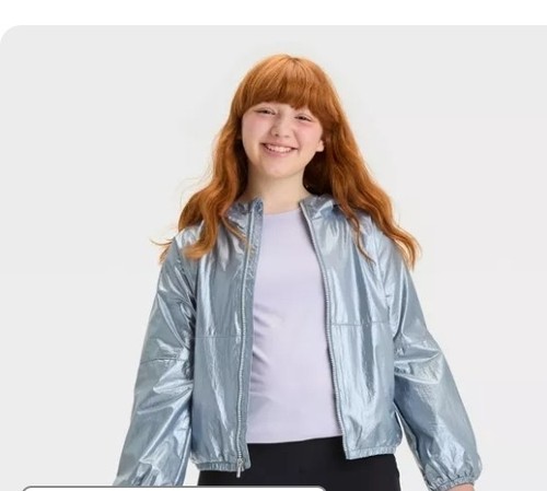 Girls Solid Shine Windbreaker Jacket All In Motion - Black Size L 10/12