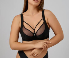 42D Bra Black Mesh Strappy Underwire Bra Full Coverage Semi Padded Support Comfy