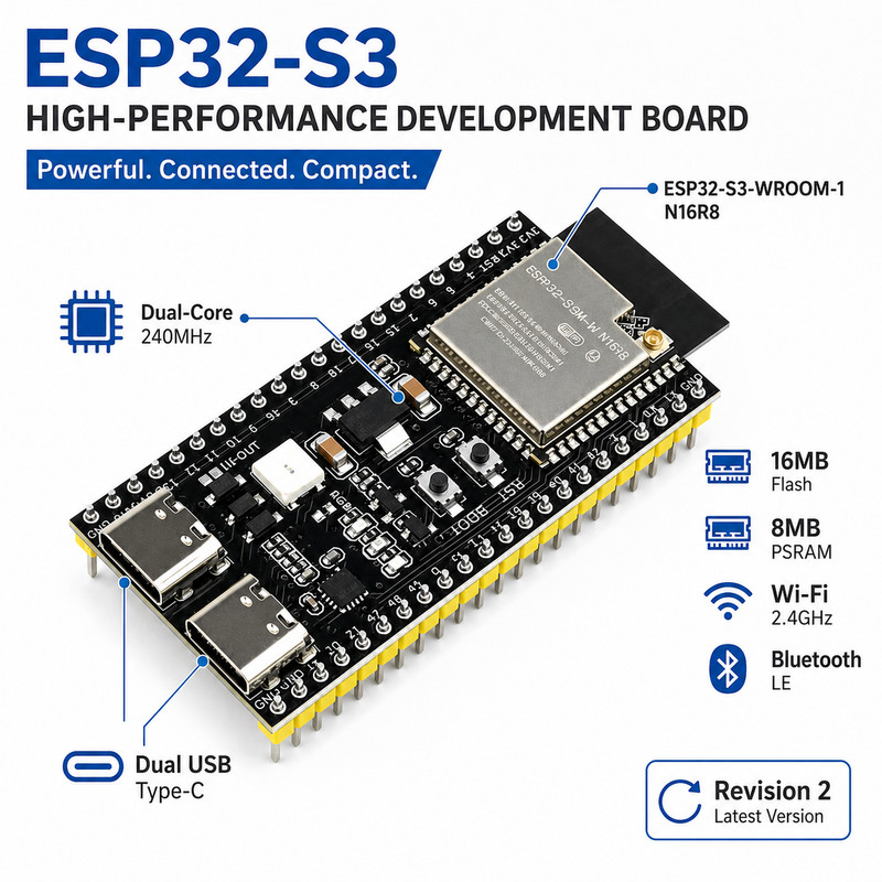 ESP32-S3 WROOM-1 N16R8 Dev Board 16MB 8MB Dual USB-C & 44P Adapter