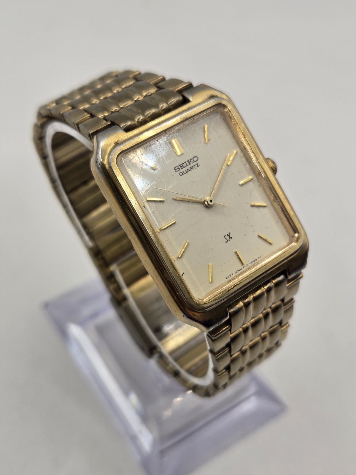 Seiko SX Tank Watch Men 26mm Cream Dial Gold Tone V70… - Gem