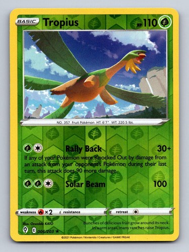 Tropius 006/203 Rare Evolving Skies Pokemon Reverse Holo Near Mint