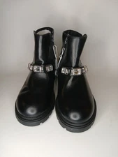 Girl "Art Class" Black Boots Bejeweled Belt Accents Zipper Closure Size 1 NWT