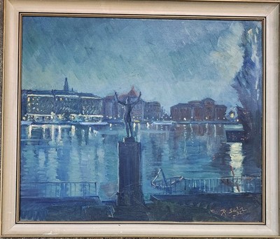 SCANDINAVIAN  OIL PAINTING  CITYSCAPE NORDIC EVENING SCENE SIGNED DATED 1932