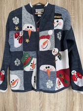 Tiara International Snowman 2004 ChristmasSweater Cardigan Blue M Beaded