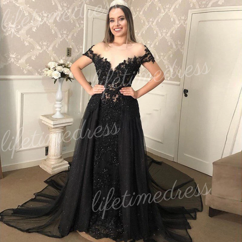 Black Wedding Dresses wtih Detachable Train Gothic Mermaid Lace up Bridal Gowns - Image 2 of 4