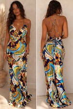 Prom Wedding Guest Satin Maxi Dress Halter Backless O Ring Resort Cruise Large