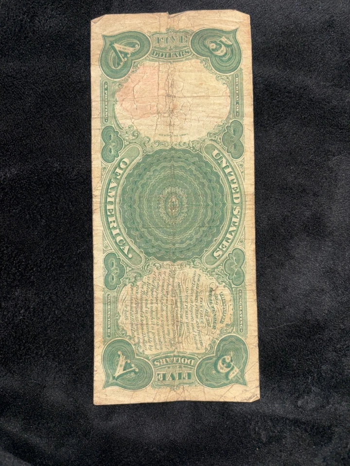 1907 $5 LARGE Size WOODCHOPPER CRISP XF+ Legal Tender United States Note! - Image 2 of 2