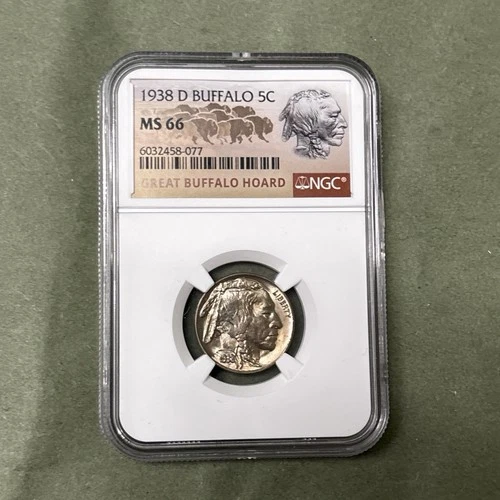 Scarce NGG 1938 D Buffalo 5¢ MS 66, Great Buffalo Hoard, Beautiful Coin US MINT