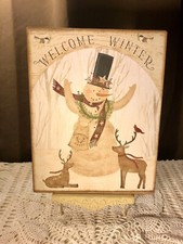 Snowman Welcome Winter Primitive Folk Art Handcrafted Plaque Sign