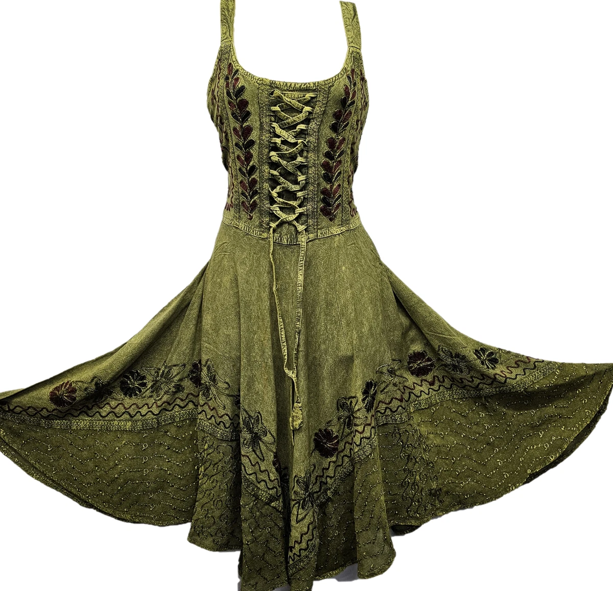Knee Length Boho Dress Casual Henna Green Rayon Flare Corset One