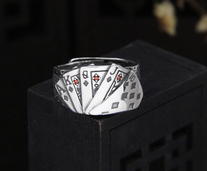 Anillo B25 Tarjetas Poker Skate Plata Esterlina 925 Tamaño Ajustable