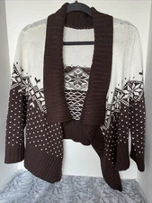 Fair Isle Brown and Cream Cotton Blend Open Cardigan Sweater shawl collar SZ L