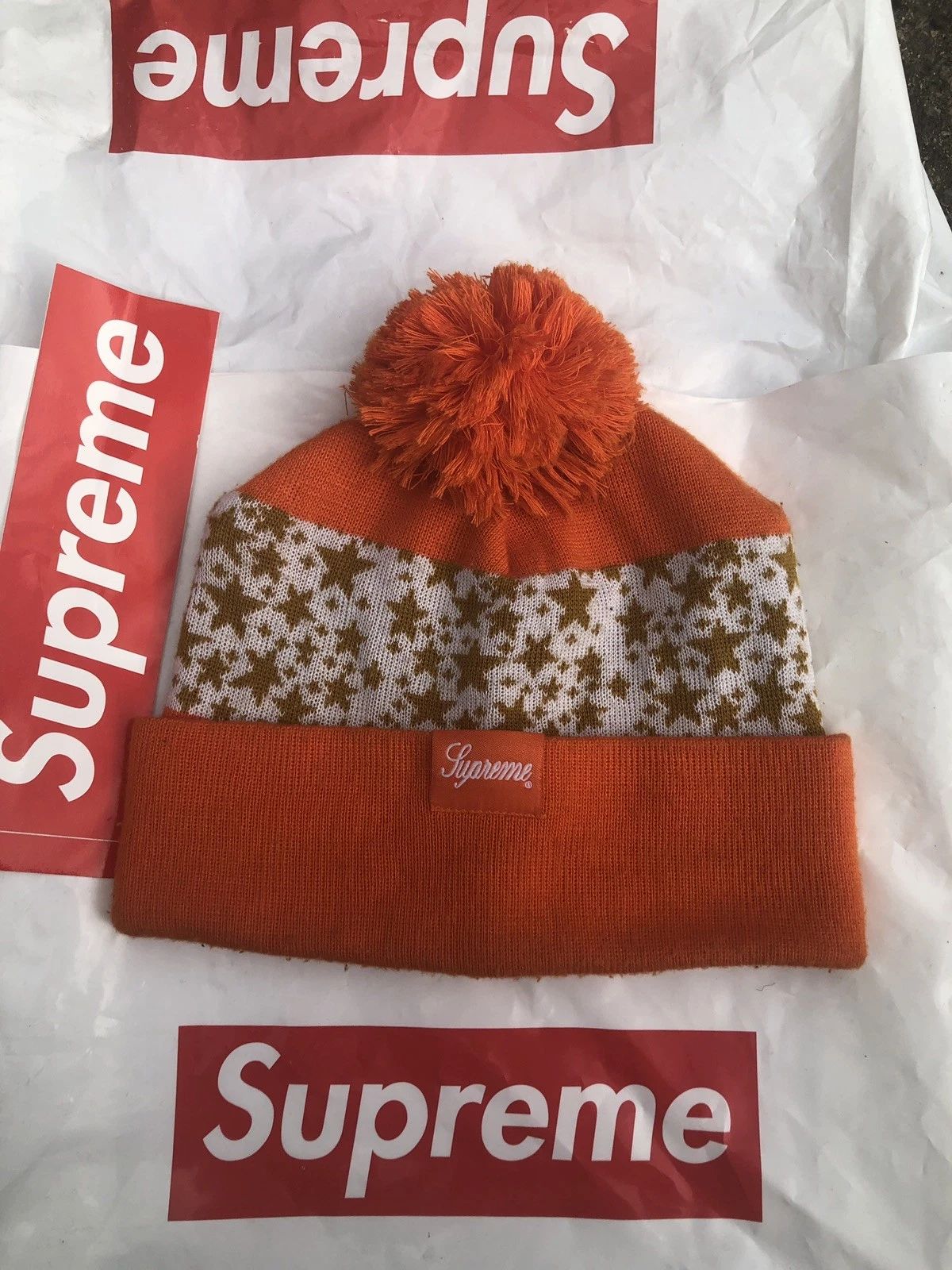 Logo boîte vintage OG Supreme Nike Dunk Hi SB Stars Beanie orange or blanc 2004
