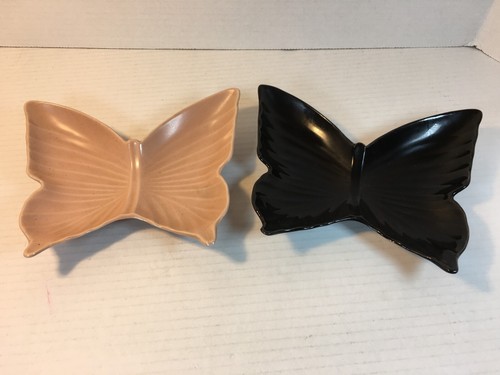 2 Vintage Butterfly Candy Trinket Dishes Pink and Black Ceramic 7" x 6" - Picture 6 of 10