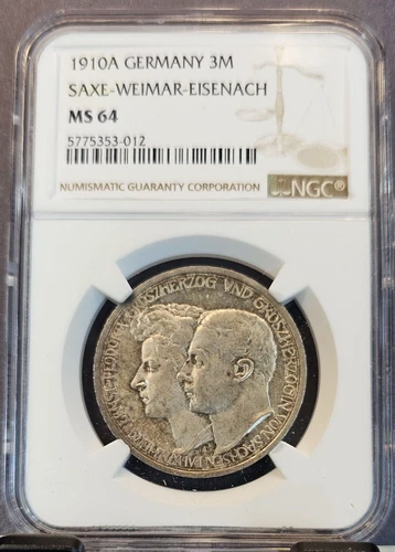 1910 GERMANY SILVER 3 MARK SAXE WEIMAR EISENACH NGC MS 64 BEAUTIFUL BU