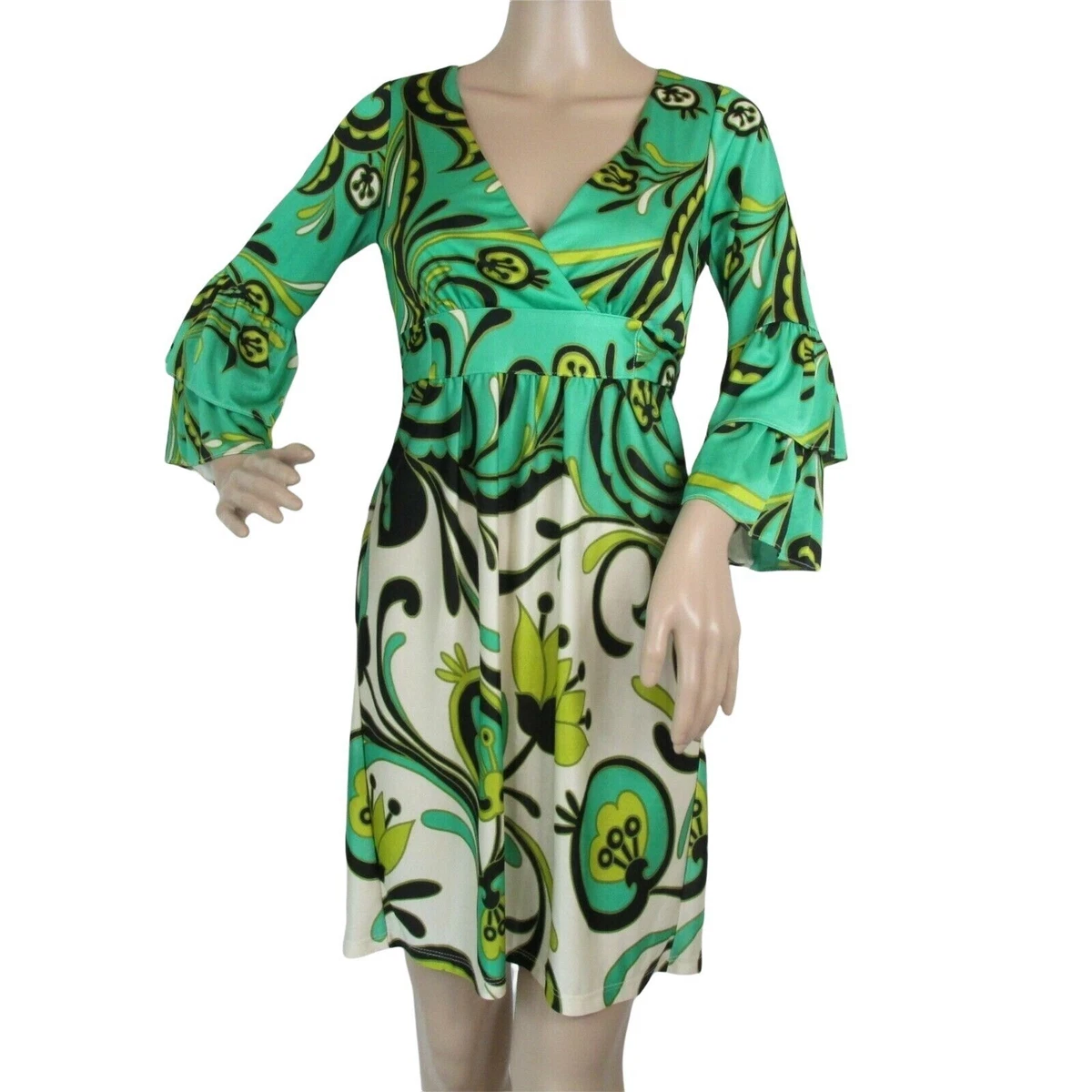 Betsey Johnson Tie Back Dress 2 Floral Green 3 4 Sleeves Empire