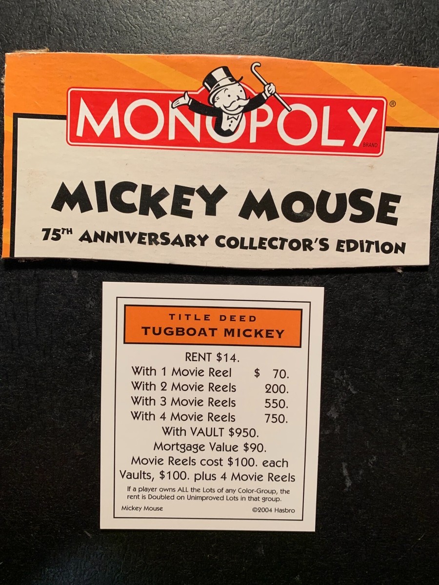 Monopoly Mickey Mouse TUGBOAT MICKEY Title Deed Card 75th