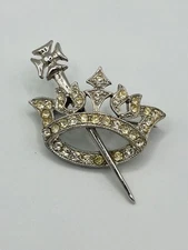 Vintage Ora Silver Tone Clear Rhinestone Crown and Sceptre Brooch Pin