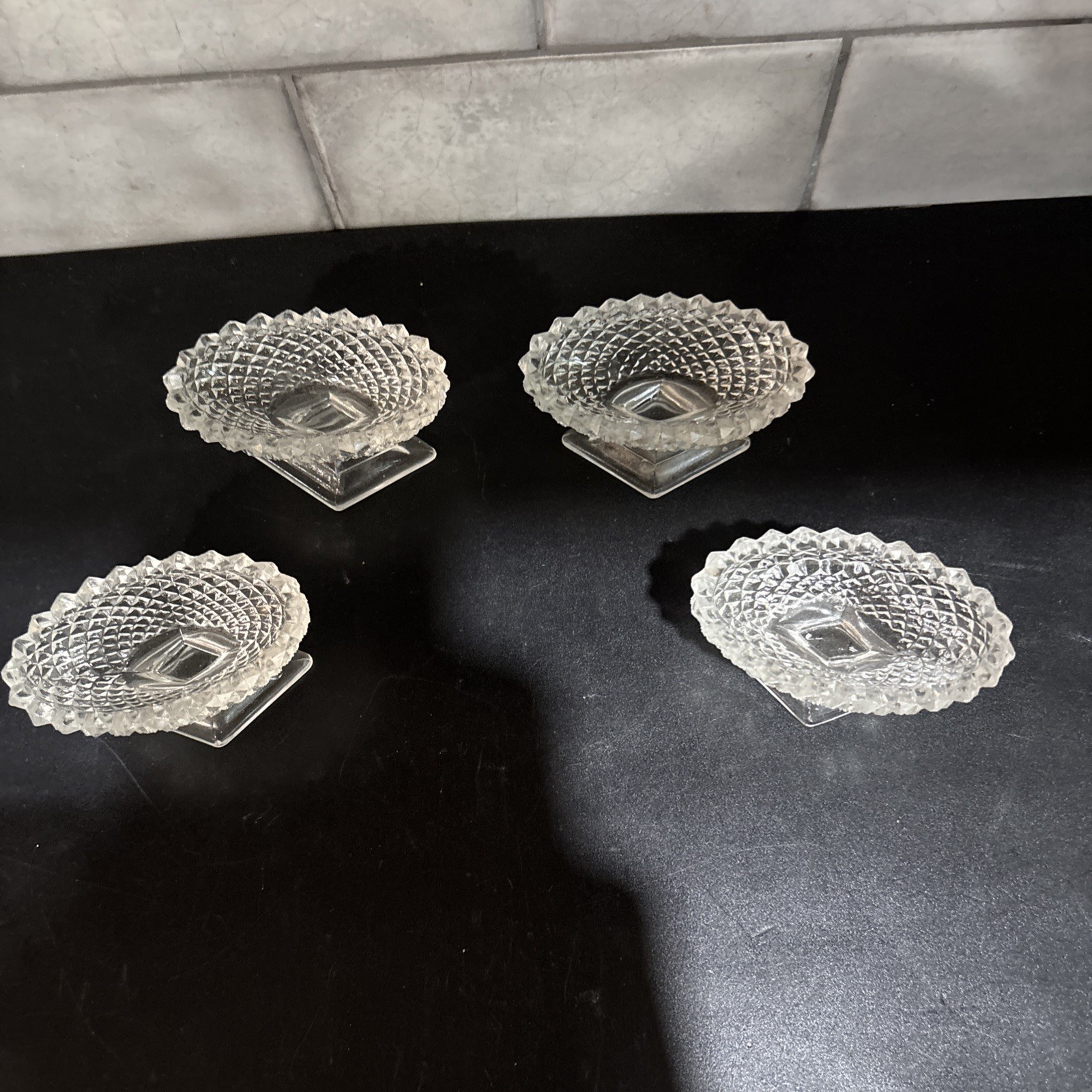 Antique 4 Glass Pedestal Salt Cellars Diamond Hobnail Pattern