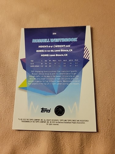 2025 TOPPS Finest Basketball RARE Russell Westbrook #234 Gold Refractor /15, 1/1 - Picture 15 of 15
