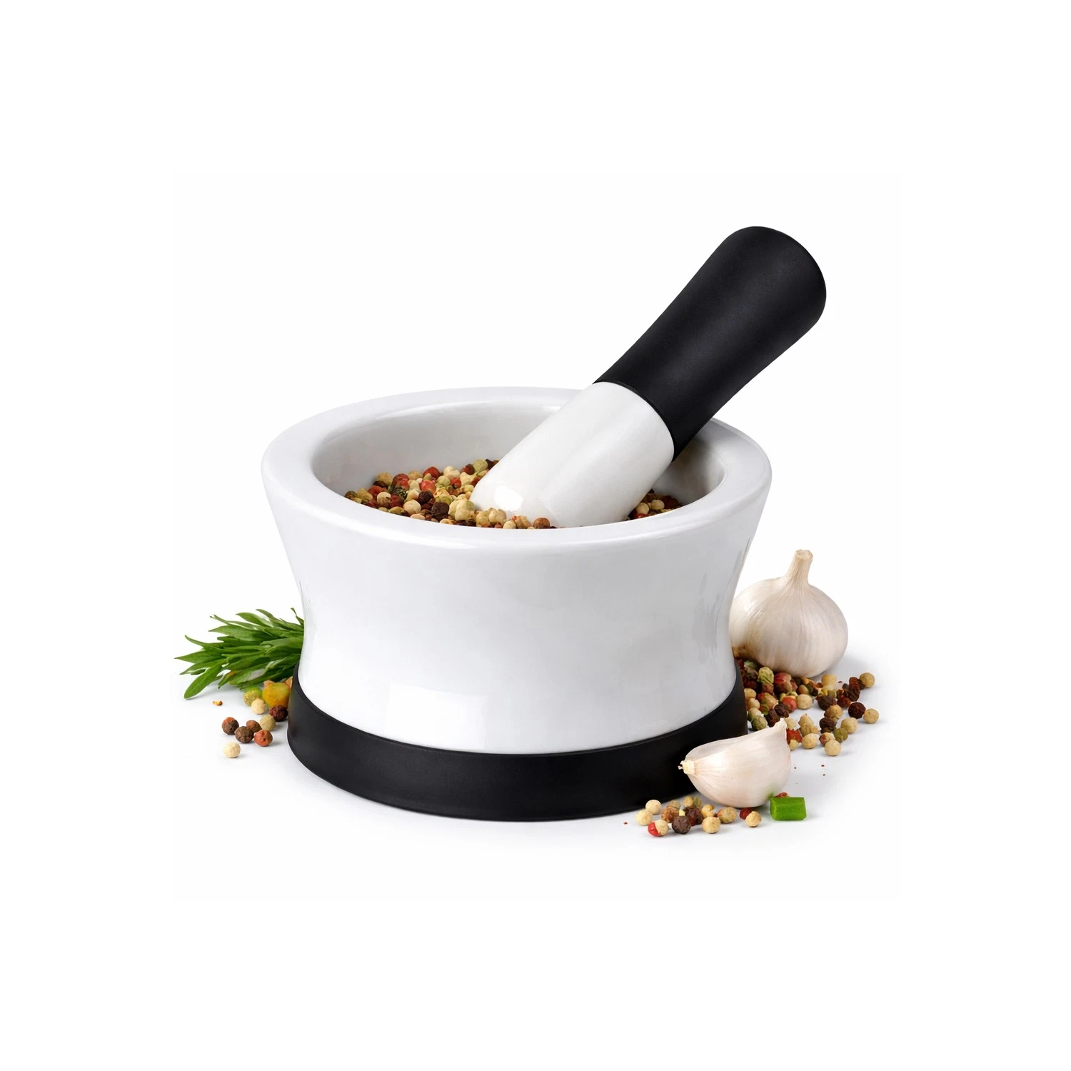 Porcelain Mortar and Pestle Spice Herb Grinder Bowl Garlic Crusher Silicone Base