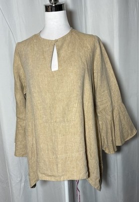 Evas Sunday Mustard Yellow 100% Linen Bell Sleeve V-Neck Top Size XS Fit 8-12