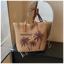 Summer Large Straw Beach Tote Bag Women Leather Strap Shoulder Handbag Coconut