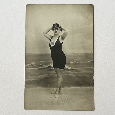 Antique RPPC Real Postcard Photograph Beautiful Woman Armpit Hair Bathing Suit