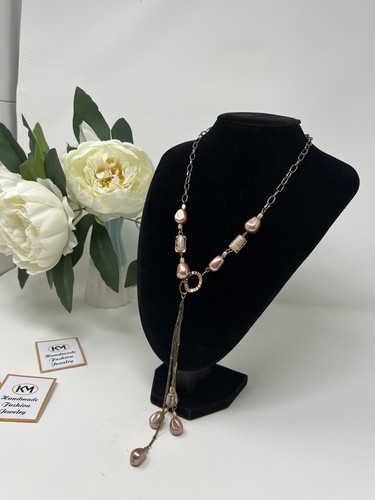 Rose Pink Pearl Lariat Y Necklace Long Tassel Pendant Drop Antique Gold Tone