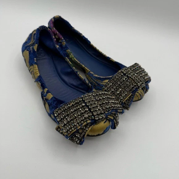 TORY BURCH VIOLA 平底鞋 5 米蓝色黄色花卉水晶蝴蝶结钱包 — 第 4/4 张图片
