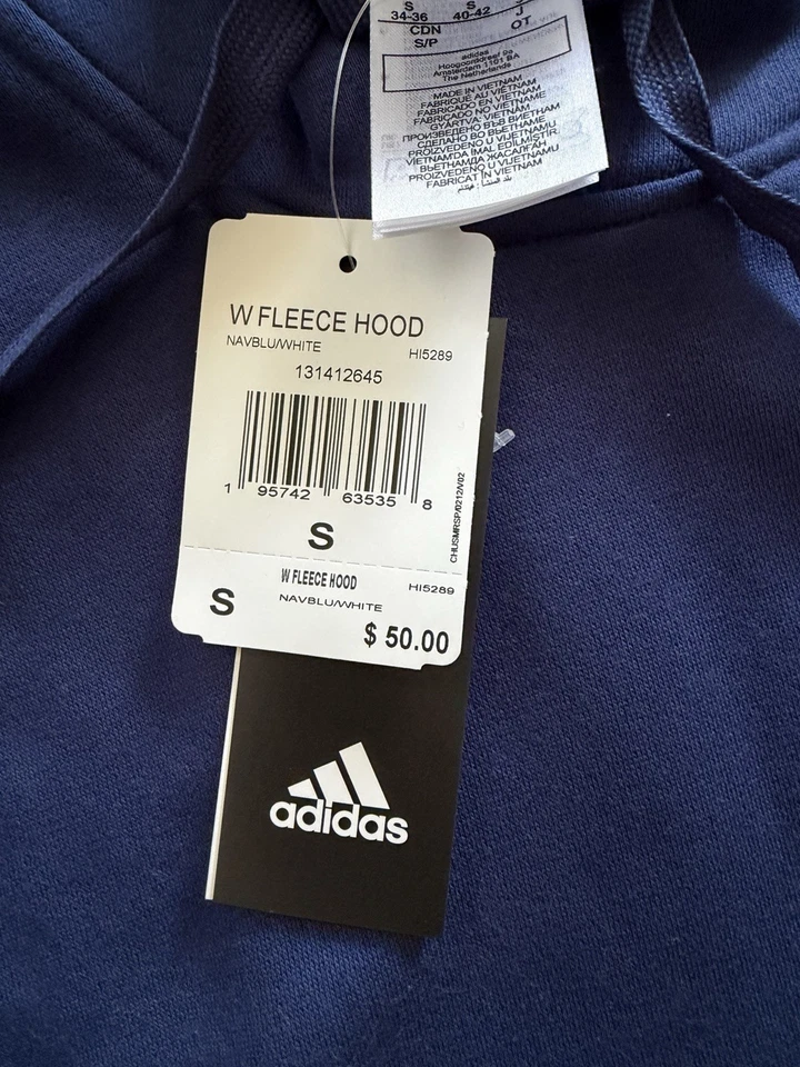 Women’s Adidas Fleece Hoodie Size Small Navy Blue/White Logo NWT - Image 3 of 4