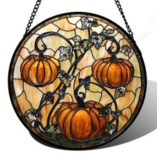 Halloween Stained Glass Suncatcher Orange Pumpkin Vine Decoration 9.8"
