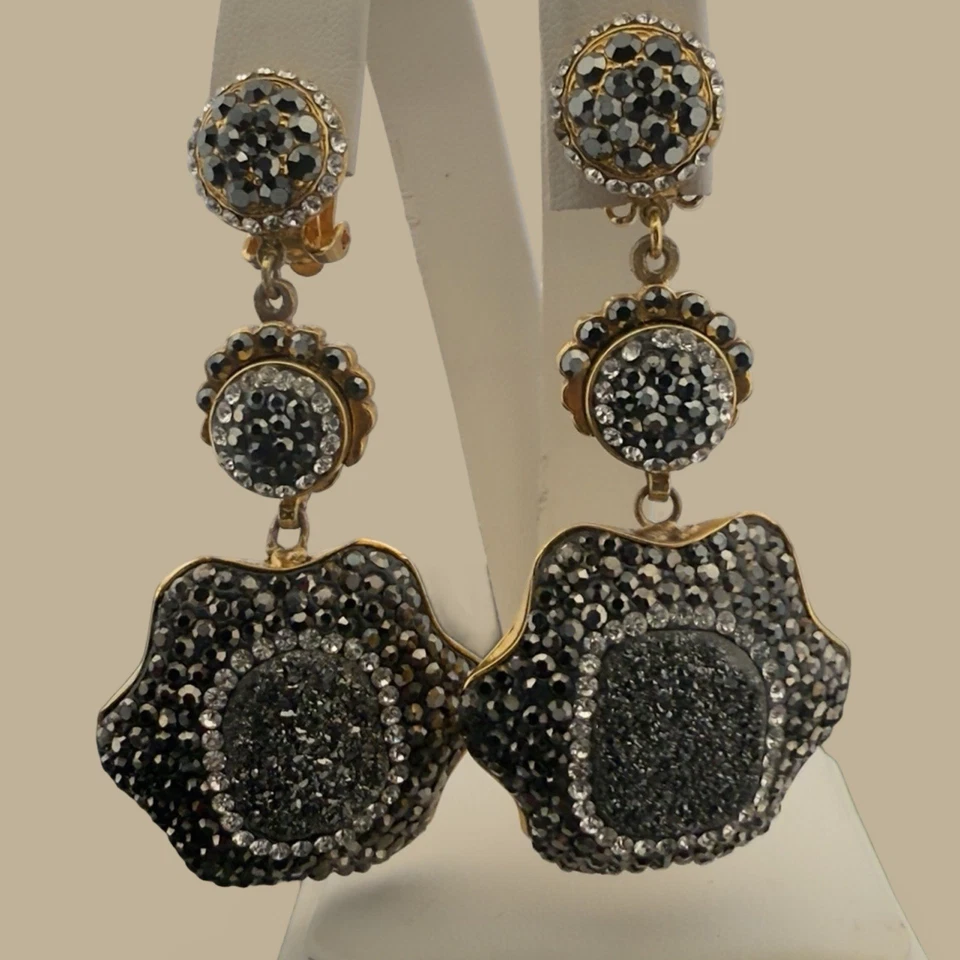 🖤 RUNWAY 🖤 3" SIGNED Jose & Maria BARRERA Black Gold 🖤 Neiman Marcus EARRINGS - Image 3 of 4