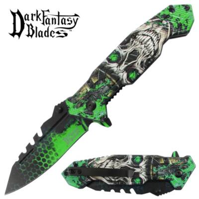 8.5'' DARK FANTASY BLADES SKULL PRINTED SPRING ASSISTED FOLDING KNIFE GREEN