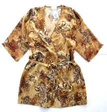 NWT Expressions Silky Pink Brown Floral Cheetah Tie Short Robe Women Medium