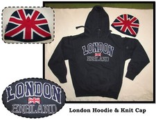 Embroidered Navy Blue Hoodie Sweatshirt, London England, Ladies Medium BONUS Cap