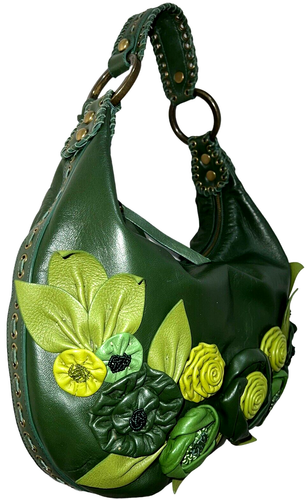 Isabella Fiore Holiday Green Leather Shoulder Bag Purse 3D Floral