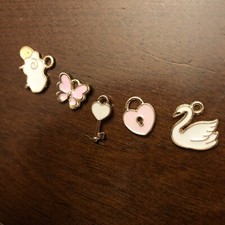 5pc CHARMS LOT Pink White Baby Bracelet Swan Butterfly Sheep Key Lock Tiny Cute
