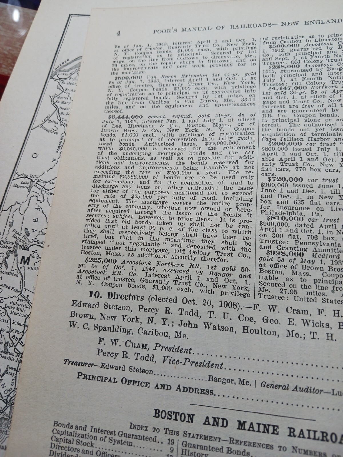 1909 train map BANGOR & AROOSTOOK RAILROAD Brownville Fort Kent Maine