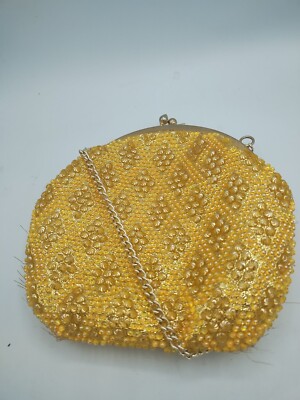 YELLOW BEADED EVENING HANDBAG VINTAGE Dlamond Pattern Handbag chain broke