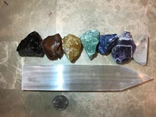 Large Chakra Stones Set: 7 Rough Crystals & (1) Selenite Point (CHARGED ROCKS)