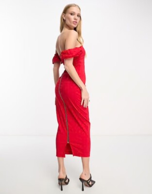 Vesper Red Bardot Midi Party Dress Size bnwt