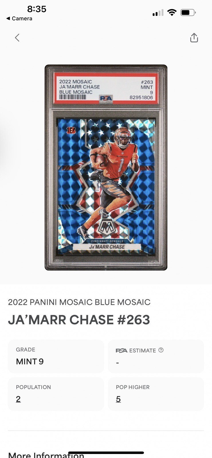 2022 Mosaic Ja'Marr Chase Mosaic Blue /99 Low Pop Bengals #263 PSA 9 Mint 💎🔥 view 3