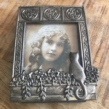 Vintage Cat On Window Frame Flowers Small Metal Pictures Rare