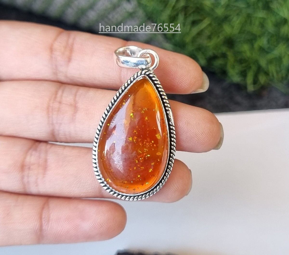 ❤︎M❤︎ Amber Pear Pendant 925 Sterling Silver Handmade Magnificent Gift