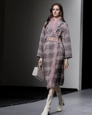 Autumn and Winter Womens Plaid Ostrich Fur Long Coats Loose Wool Suit Outwear