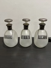 Antique Vintage Frosted Glass Rye Scotch Gin Liquor Decanter Bottles *READ SEE*