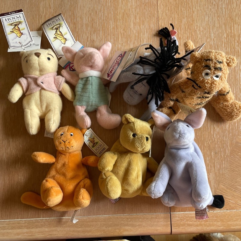 Disney  & Gund Mini Bean Bag Set 7 Plush Classic Pooh, Tigger, Eeyore, Piglet 