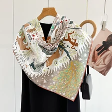 70% Cashmere 30% Silk Wrap Scarf Blue animal Print 135X135cm Double Face Shawl