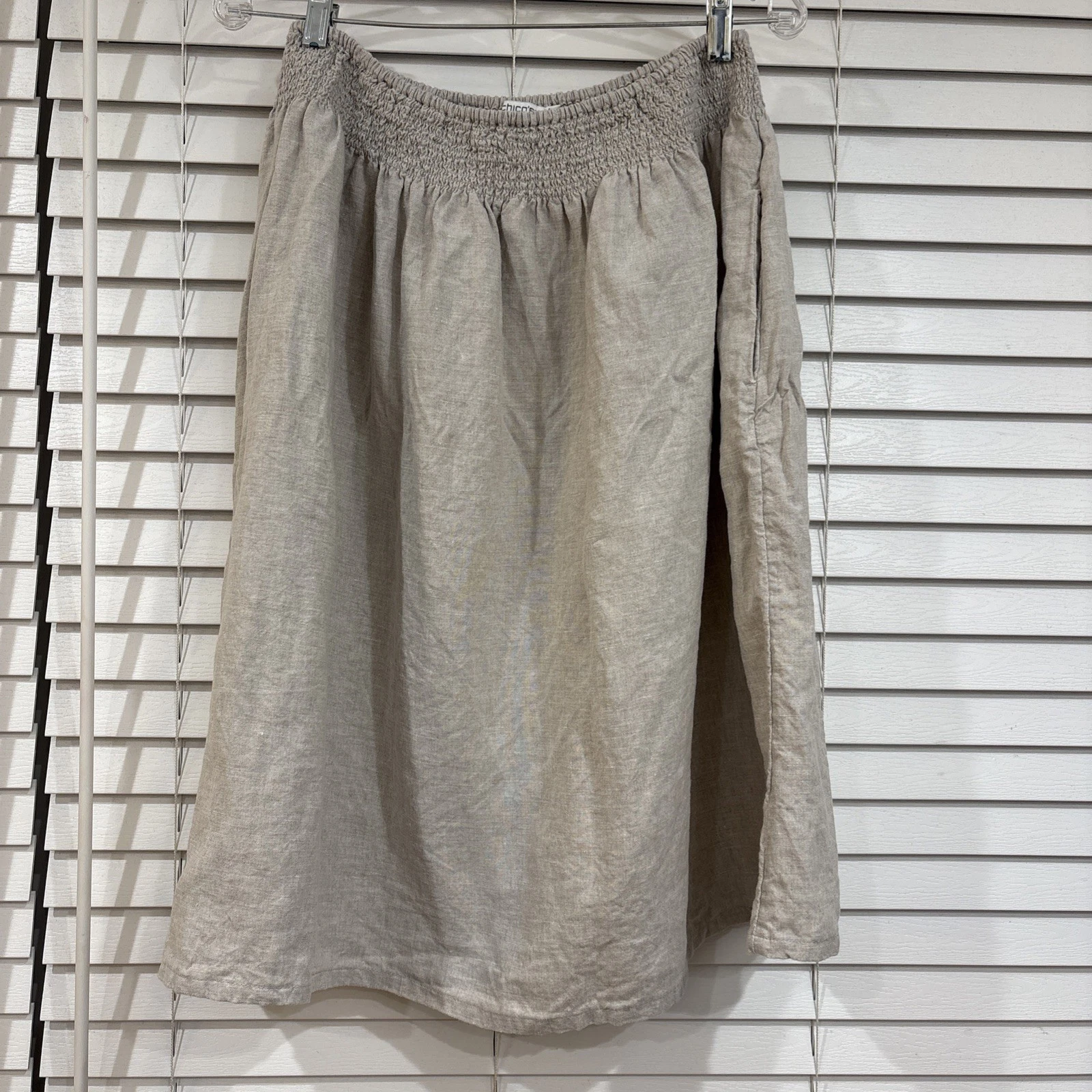 CHICO'S Linen Midi Skirt Beige Pockets Size 1 (8) Pull On Coastal Resort Casual